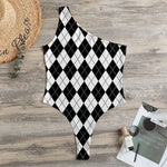Black And White Argyle Pattern Print One Shoulder Bodysuit