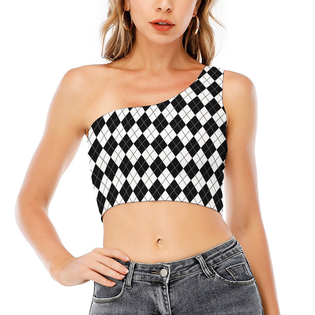 Black And White Argyle Pattern Print One Shoulder Crop Top