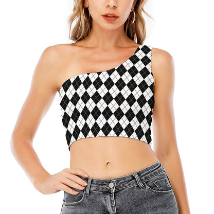 Black And White Argyle Pattern Print One Shoulder Crop Top