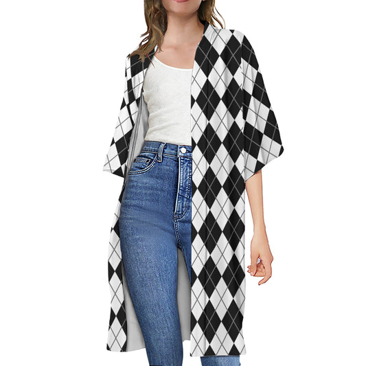 Black And White Argyle Pattern Print Open Front Beach Cover Up