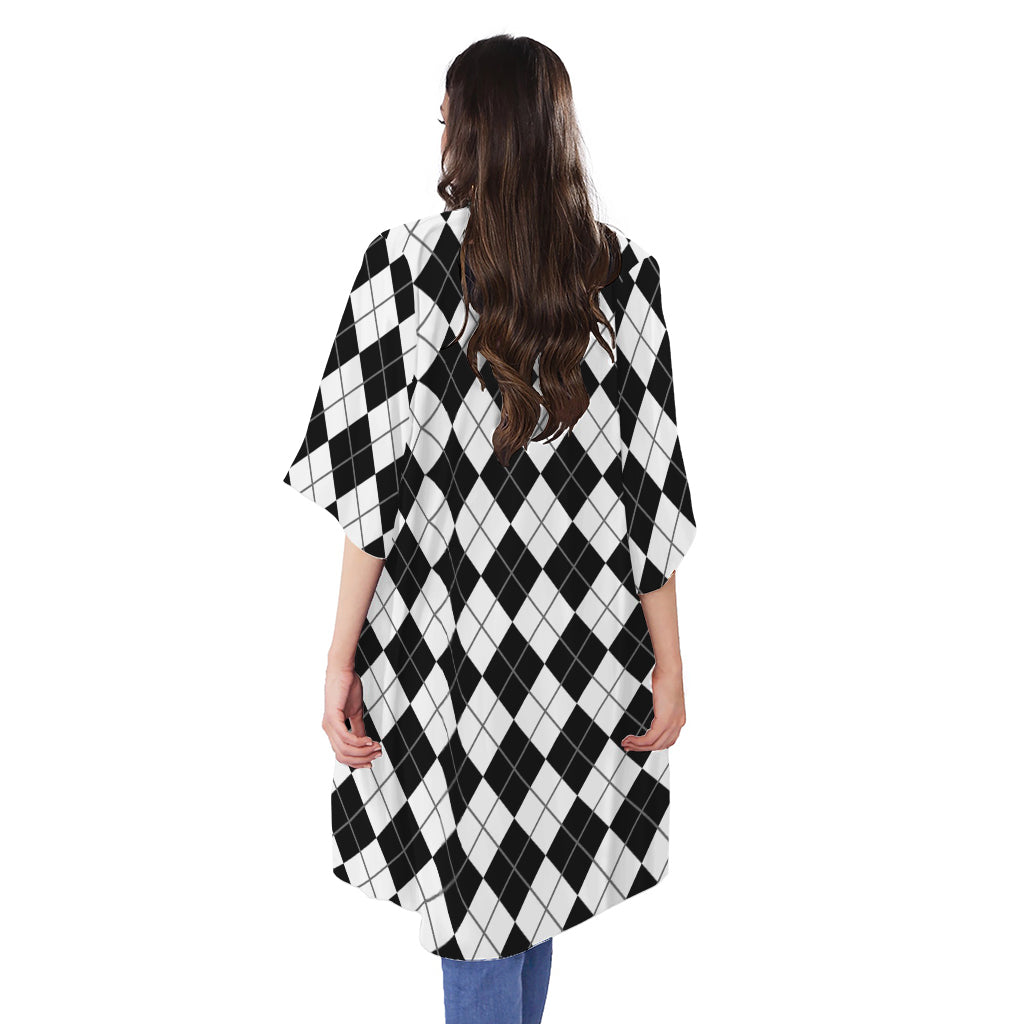 Black And White Argyle Pattern Print Open Front Beach Cover Up