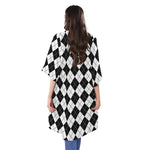 Black And White Argyle Pattern Print Open Front Beach Cover Up