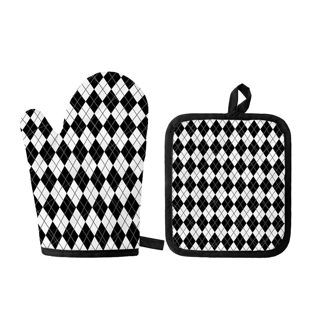 Black And White Argyle Pattern Print Oven Mitt And Pot Holder Set