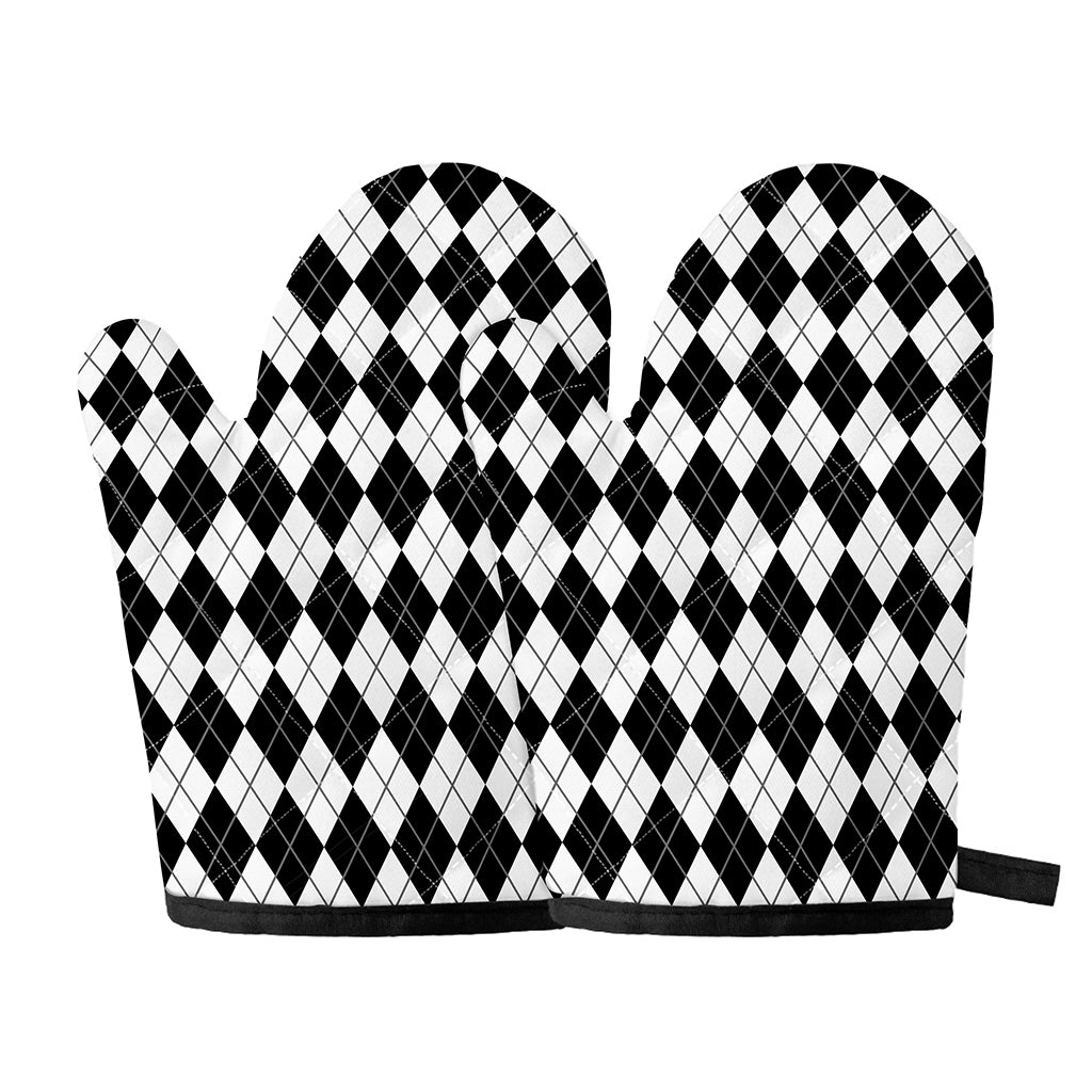 Black And White Argyle Pattern Print Oven Mitts