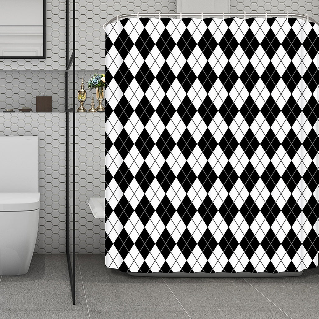 Black And White Argyle Pattern Print Polyester Shower Curtain