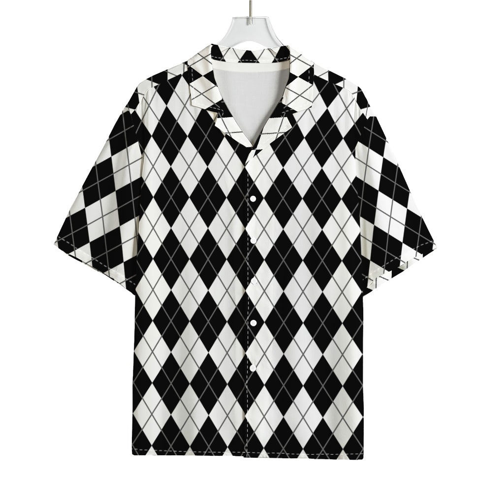 Black And White Argyle Pattern Print Rayon Hawaiian Shirt