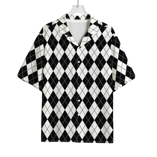 Black And White Argyle Pattern Print Rayon Hawaiian Shirt