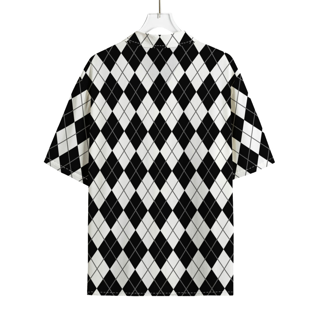 Black And White Argyle Pattern Print Rayon Hawaiian Shirt