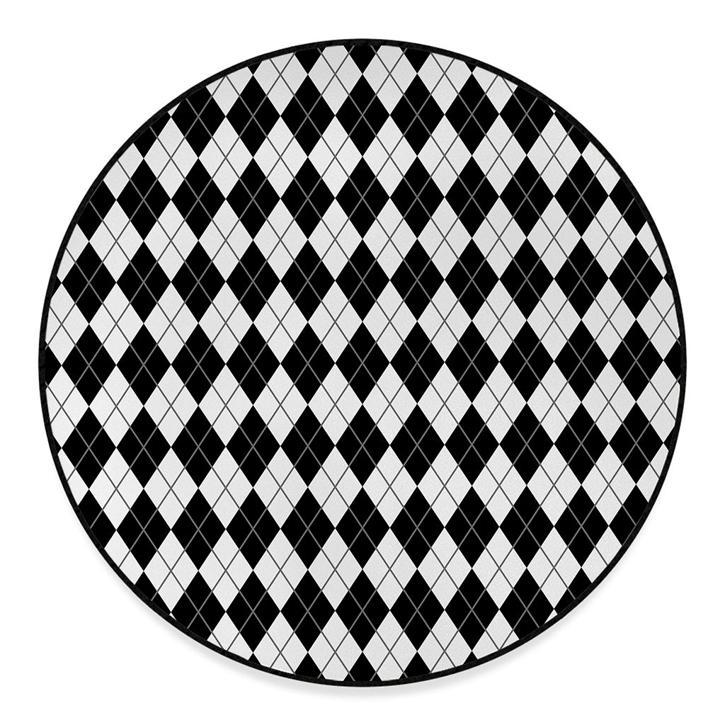 Black And White Argyle Pattern Print Round Floor Mat