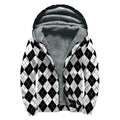 Black And White Argyle Pattern Print Sherpa Lined Zip Up Hoodie