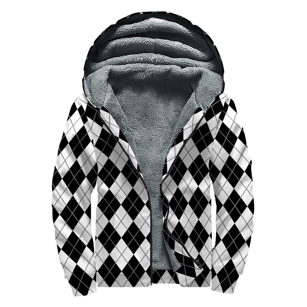 Black And White Argyle Pattern Print Sherpa Lined Zip Up Hoodie