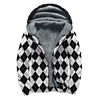 Black And White Argyle Pattern Print Sherpa Lined Zip Up Hoodie