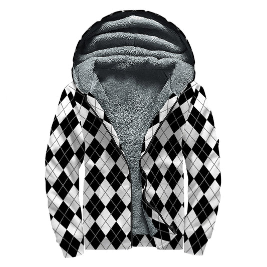 Black And White Argyle Pattern Print Sherpa Lined Zip Up Hoodie