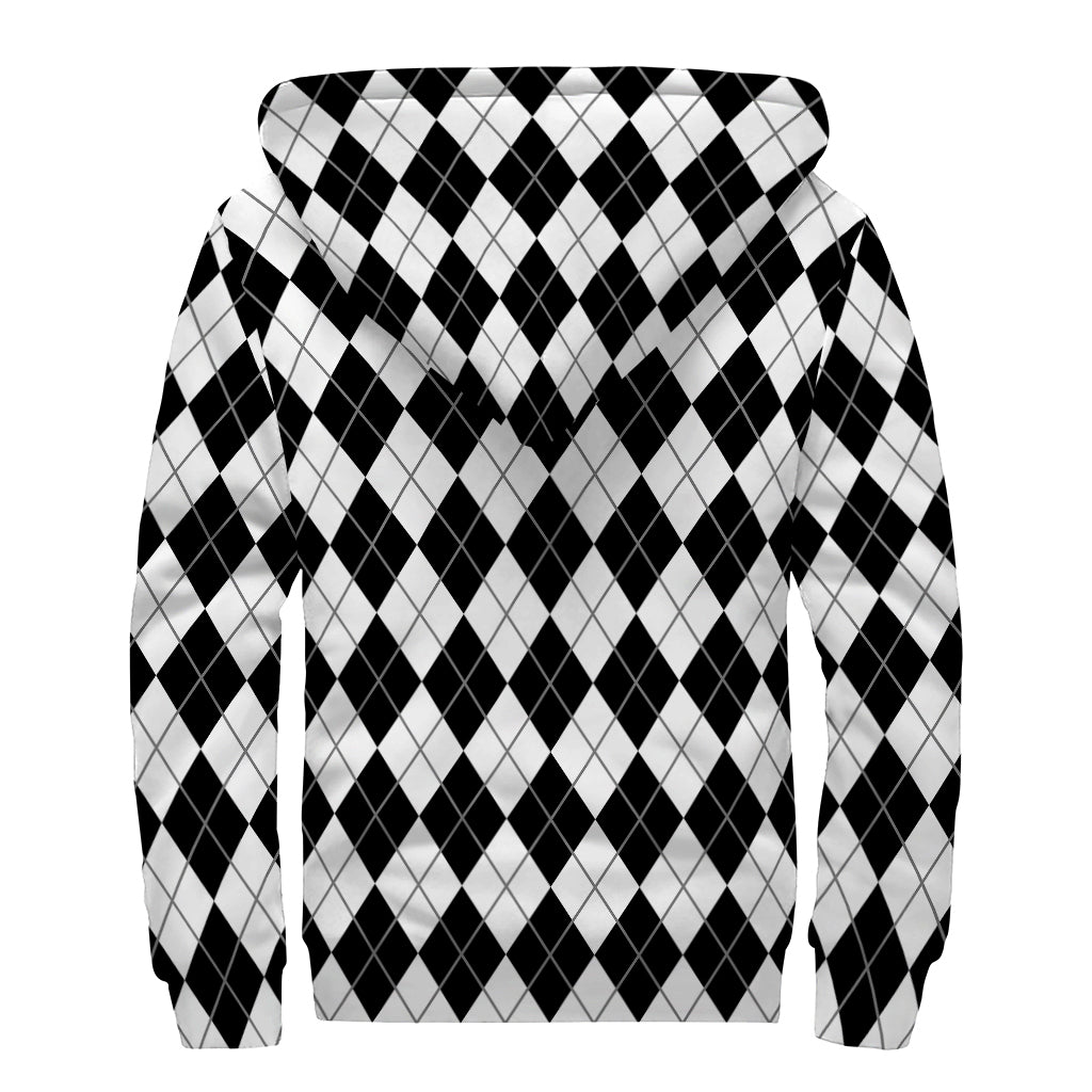 Black And White Argyle Pattern Print Sherpa Lined Zip Up Hoodie