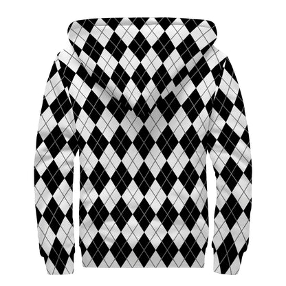 Black And White Argyle Pattern Print Sherpa Lined Zip Up Hoodie