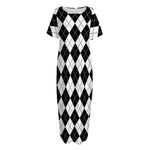 Black And White Argyle Pattern Print Short Sleeve Long Nightdress