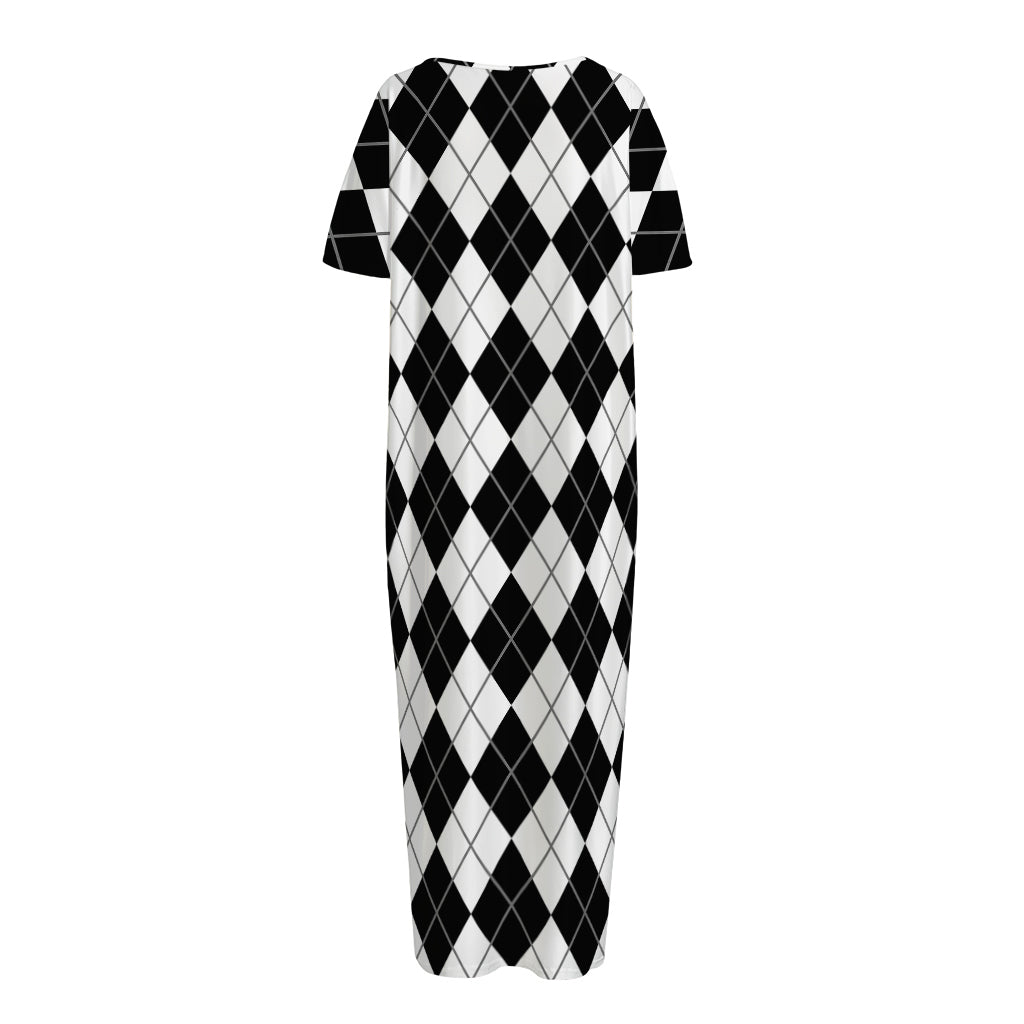 Black And White Argyle Pattern Print Short Sleeve Long Nightdress