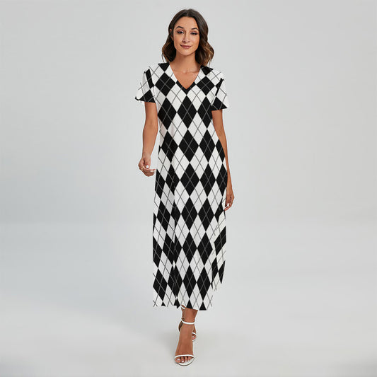 Black And White Argyle Pattern Print Short Sleeve Maxi Dress