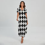 Black And White Argyle Pattern Print Short Sleeve Maxi Dress
