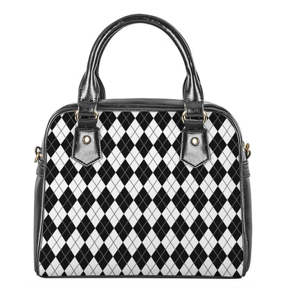 Black And White Argyle Pattern Print Shoulder Handbag