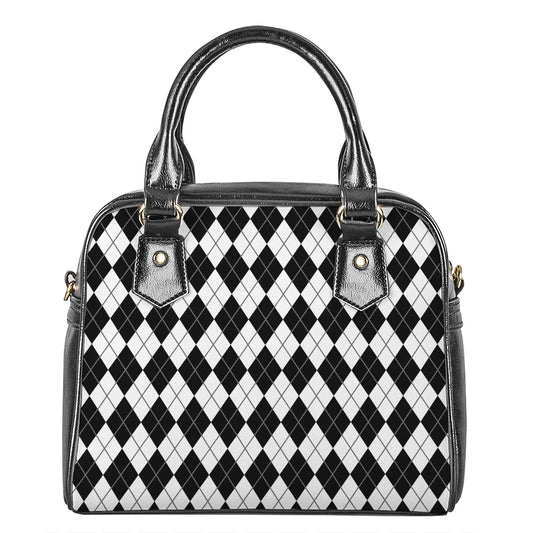 Black And White Argyle Pattern Print Shoulder Handbag