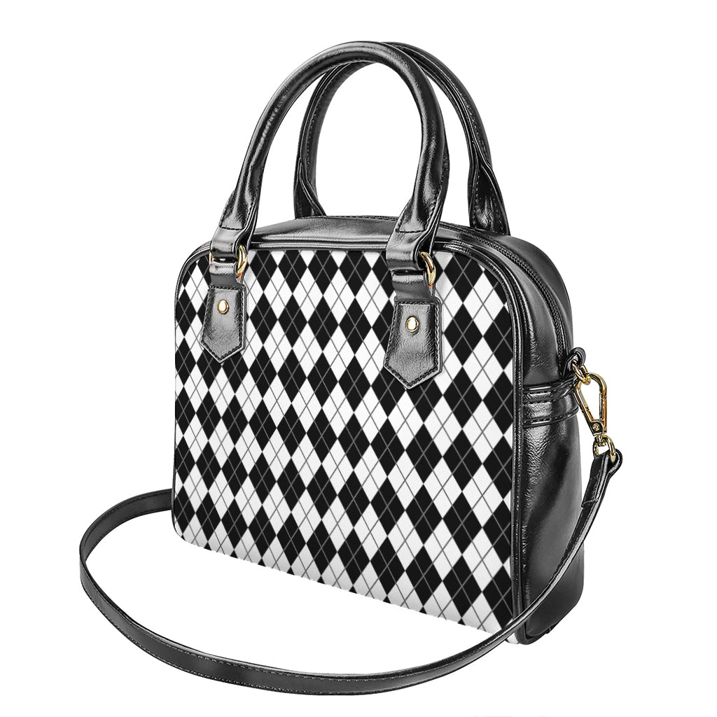 Black And White Argyle Pattern Print Shoulder Handbag