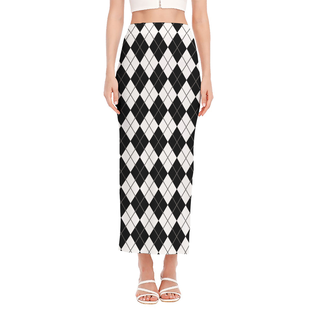 Black And White Argyle Pattern Print Side Slit Maxi Skirt