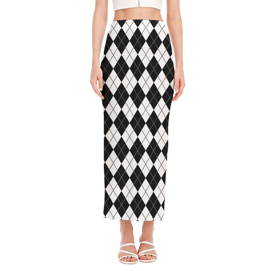 Black And White Argyle Pattern Print Side Slit Maxi Skirt