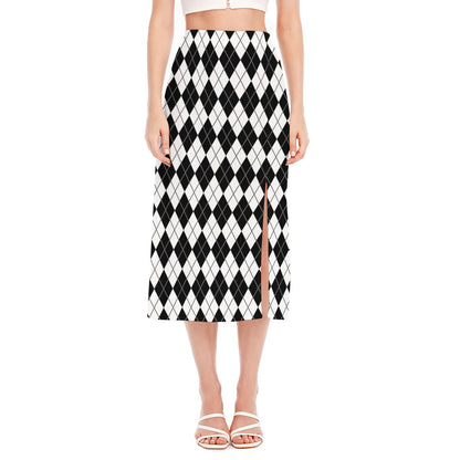 Black And White Argyle Pattern Print Side Slit Midi Skirt