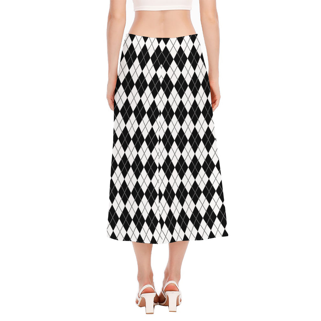 Black And White Argyle Pattern Print Side Slit Midi Skirt