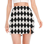 Black And White Argyle Pattern Print Side Slit Mini Skirt
