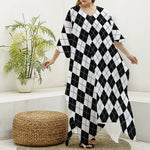 Black And White Argyle Pattern Print Silk V-Neck Kaftan Dress