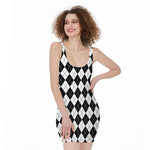 Black And White Argyle Pattern Print Sleeveless Bodycon Dress