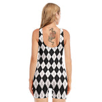 Black And White Argyle Pattern Print Sleeveless One Piece Swimsuit
