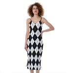 Black And White Argyle Pattern Print Slim Fit Midi Cami Dress