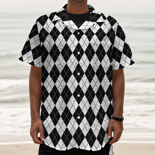 Black And White Argyle Pattern Print Textured Short Sleeve Shirt