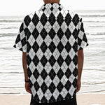 Black And White Argyle Pattern Print Textured Short Sleeve Shirt
