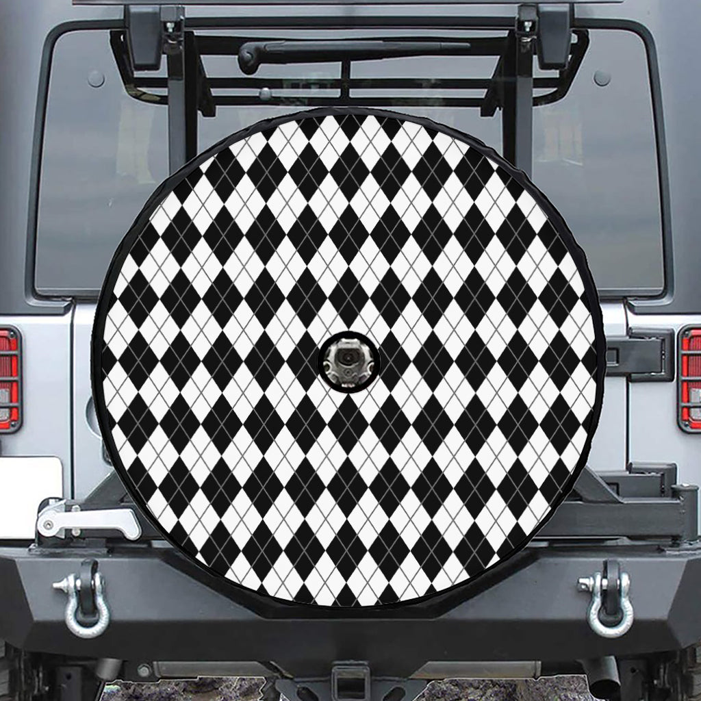 Black And White Argyle Pattern Print Tire Cover With Camera Hole