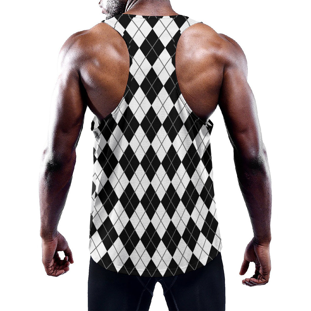 Black And White Argyle Pattern Print Training Tank Top