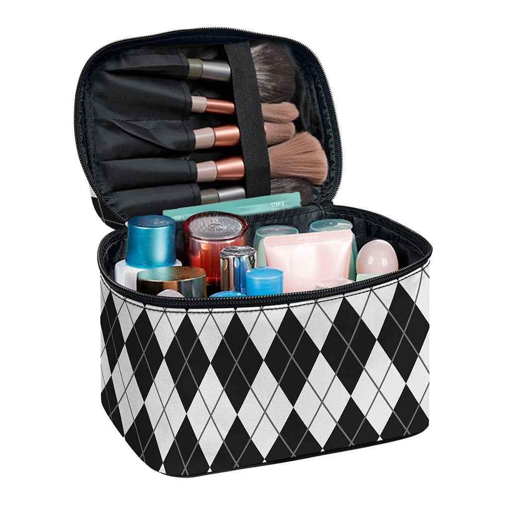 Black And White Argyle Pattern Print Travel Makeup Bag