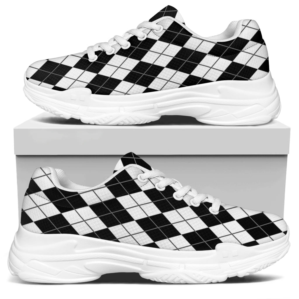 Black And White Argyle Pattern Print White Chunky Shoes