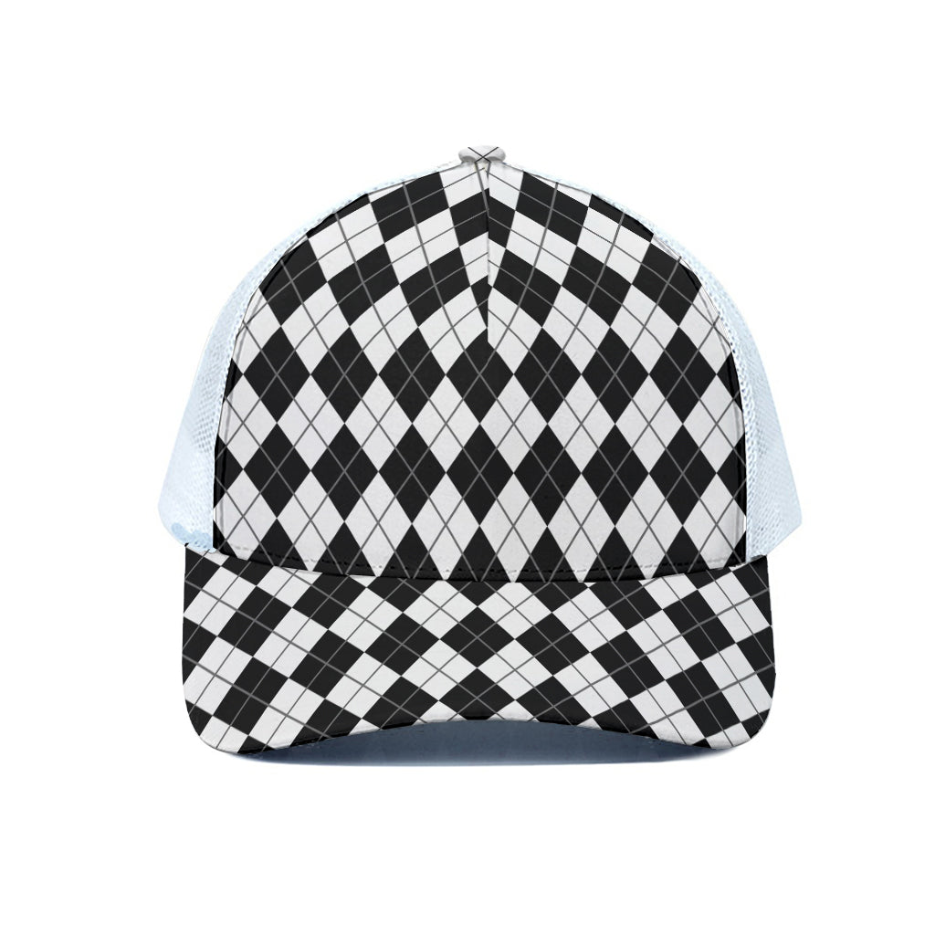 Black And White Argyle Pattern Print White Mesh Trucker Cap