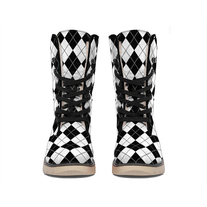 Black And White Argyle Pattern Print Winter Boots