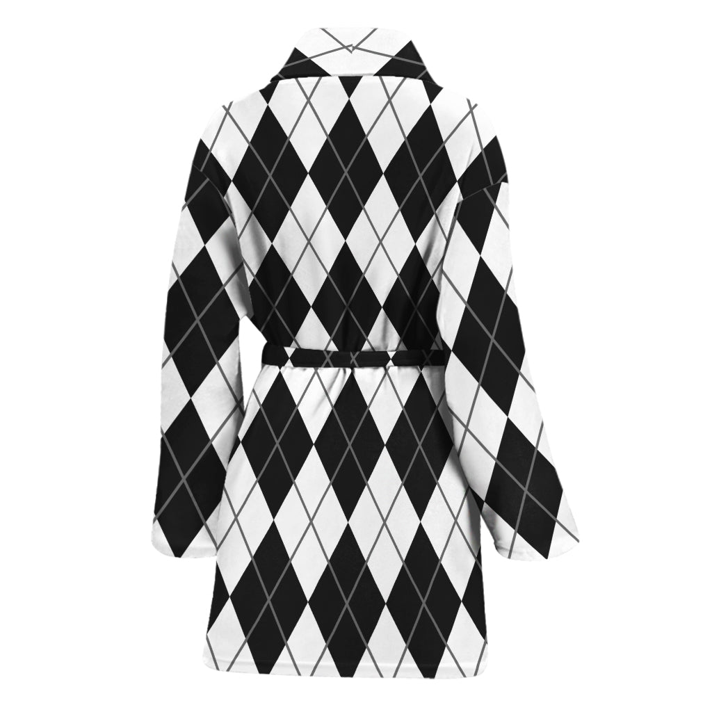 Black And White Argyle Pattern Print Women's Bathrobe