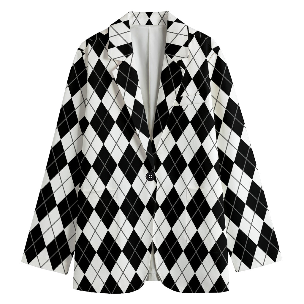Black And White Argyle Pattern Print Women's Blazer