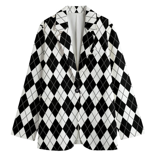 Black And White Argyle Pattern Print Women's Blazer