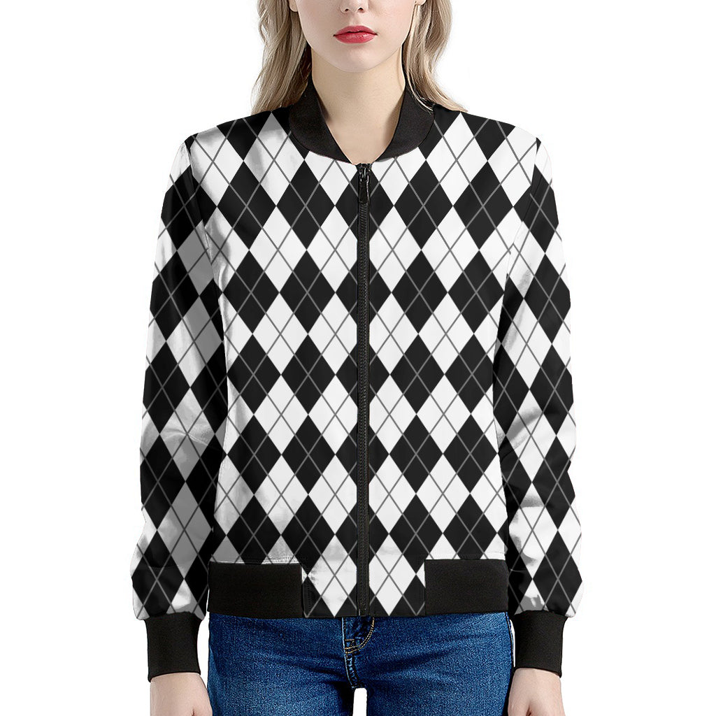 Black And White Argyle Pattern Print Women's Bomber Jacket