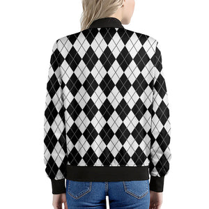 Black And White Argyle Pattern Print Women's Bomber Jacket