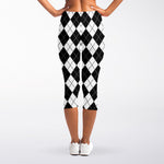 Black And White Argyle Pattern Print Women's Capri Leggings