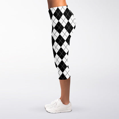 Black And White Argyle Pattern Print Women's Capri Leggings